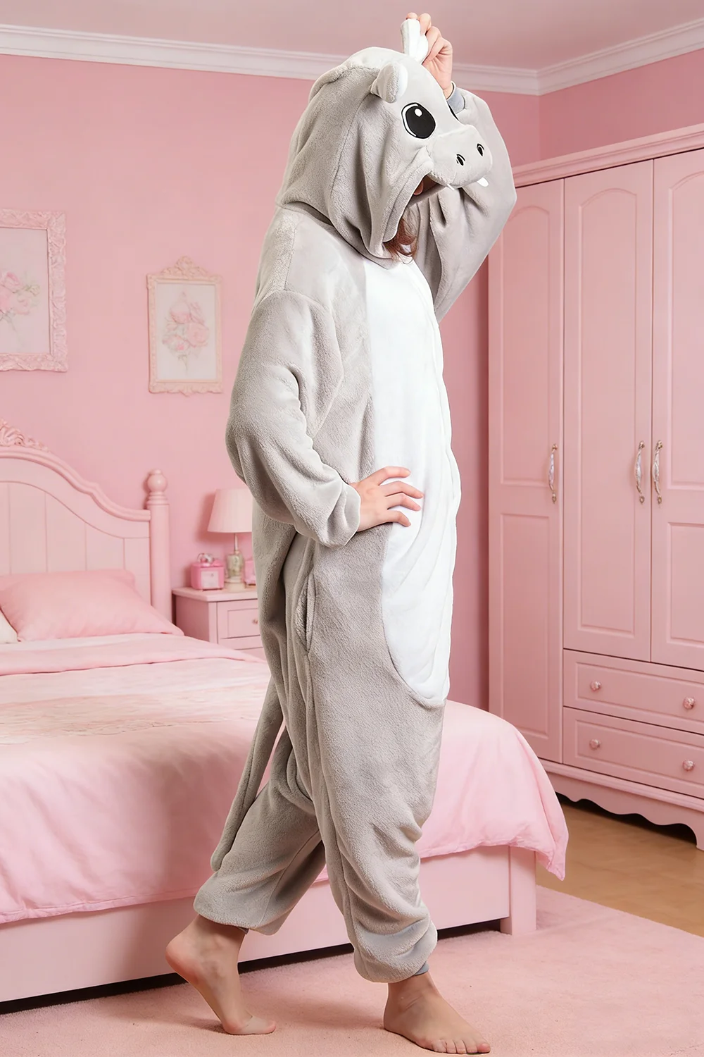 

Cute Cartoon Onesies Kigurumi Cosplay Costume Animal Grey Pink Hippopotamus Pajamas Adults Jumpsuits Homewear Halloween Outfits