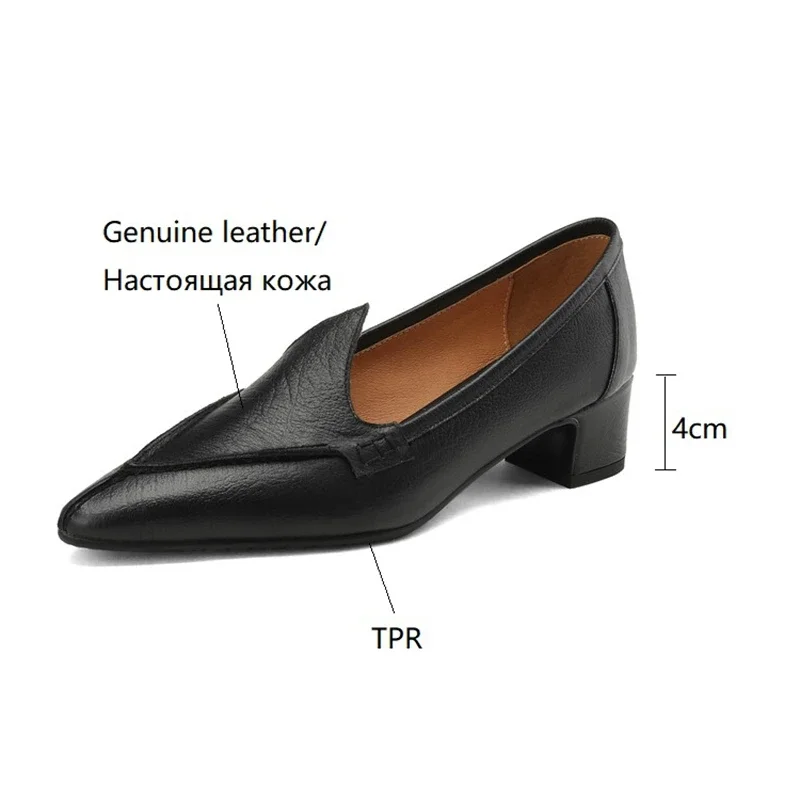 NEW Spring/Autumn Women Loafers Pointed Toe Chunky Heel Shoes Genuine Leather Shoes for Women Retro Concise Handmade Women Pumps