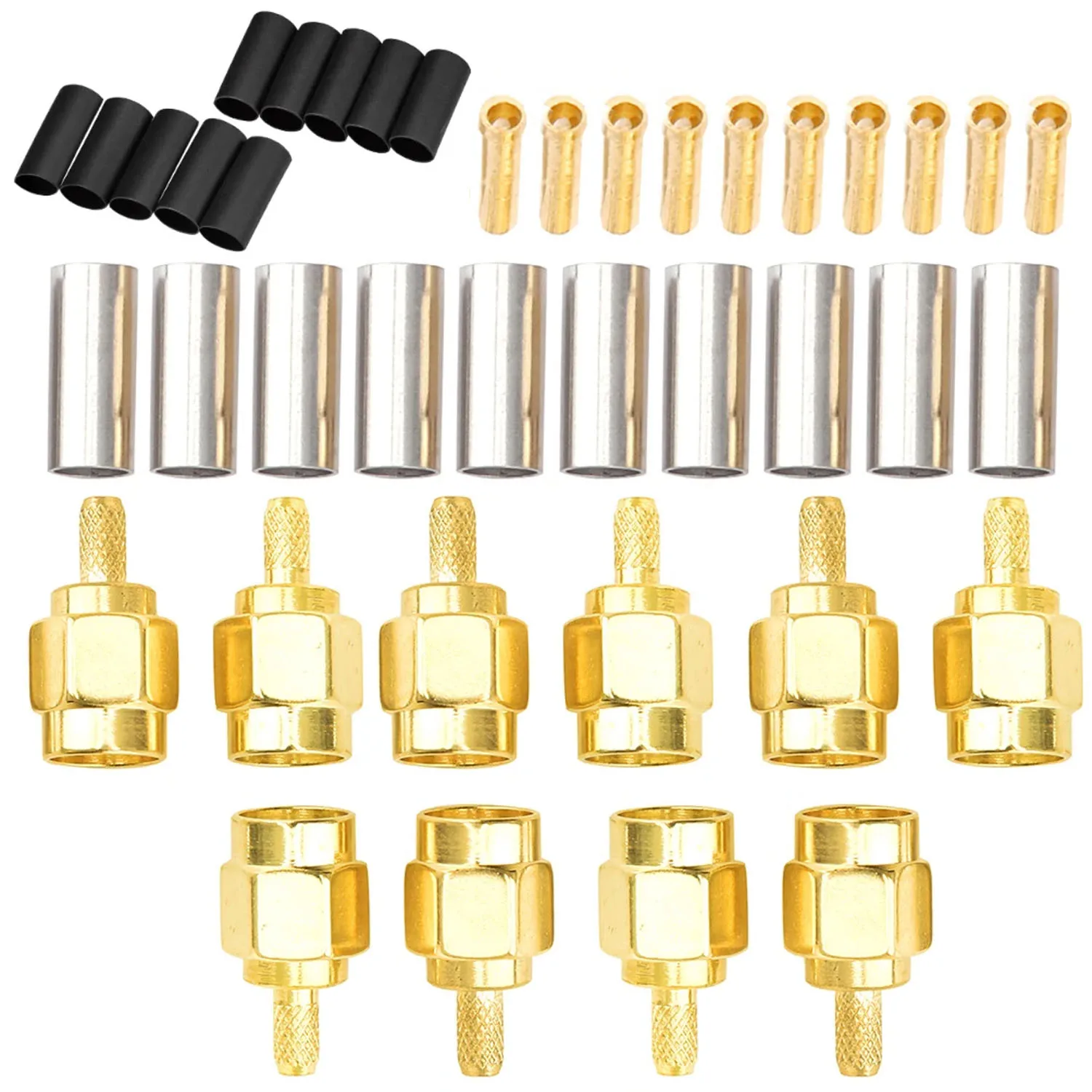 10PCS SMA Connectors Kit RF Coaxial Adapter Male Female Plug Jack 50 Ohm Crimp Type for RG174 RG316 Cable with Heat Shrink Tube