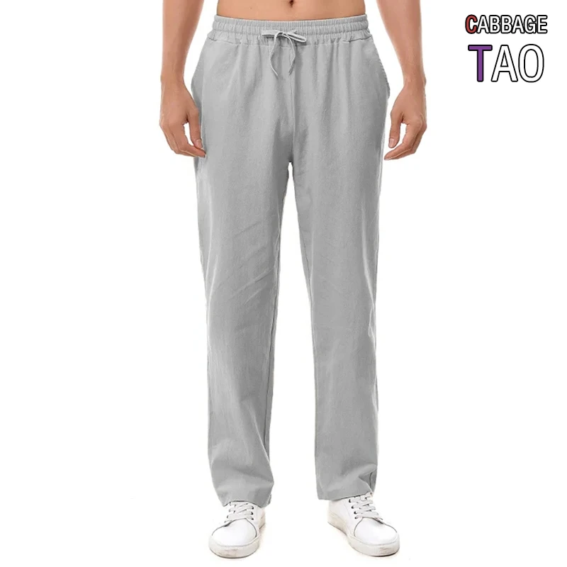 Mens Summer New Cotton Pants Breathable Solid Color Trousers Loose Lightweight Fitness Sweatpants Casual Streetwear Style
