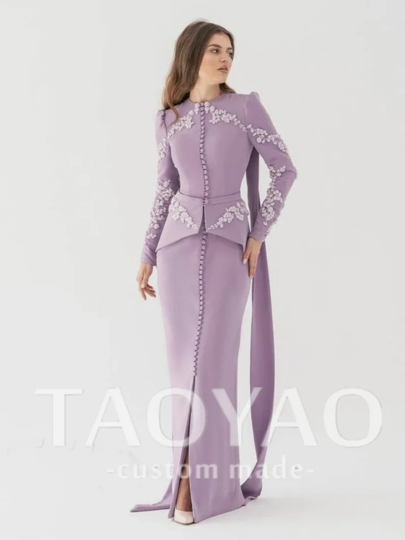 Elegant Purple Mermaid Vintage Beaded Button Flowers Long Sleeves Customized Formal Occasion Prom Dress Evening Party Gowns