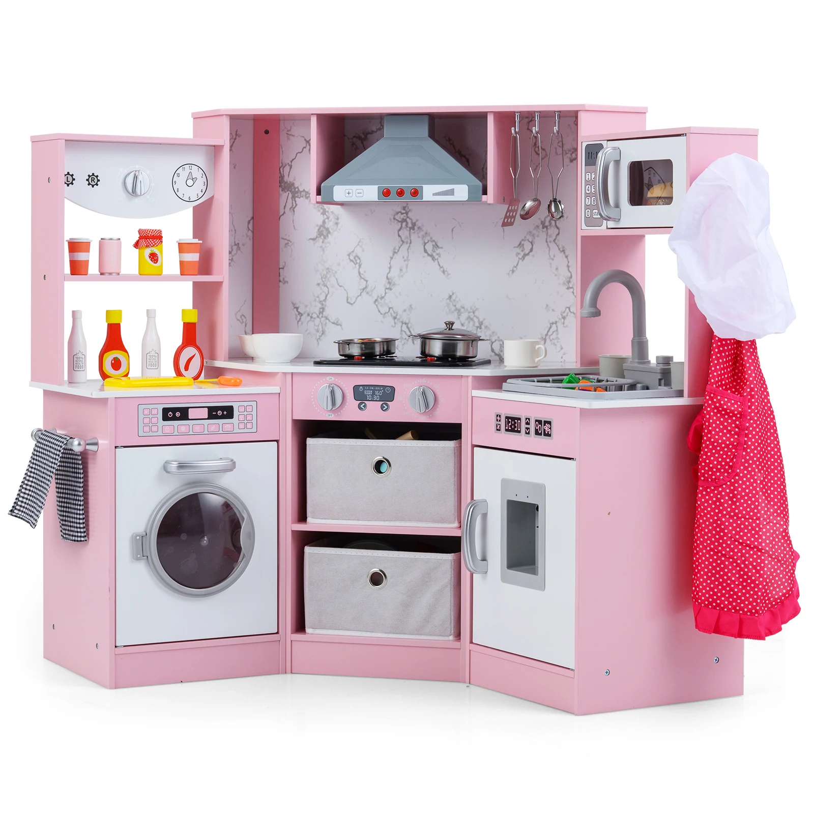 Cocina de juegos de madera para niños con luz y sonido, esquina de cocina de madera con campana extractora, sistema de circulación de agua