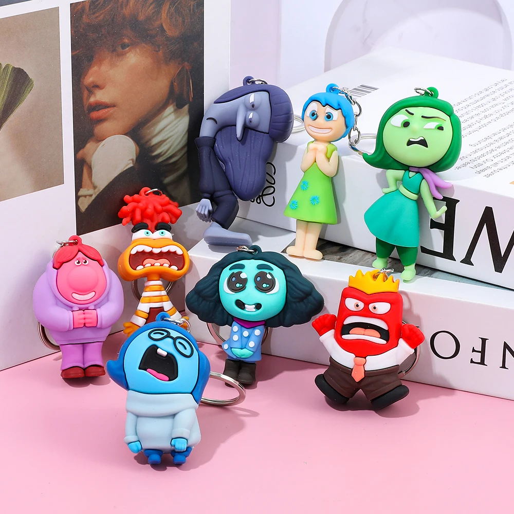 8PCS Disney Inside Out 2 Keychains Cartoon Sadness Anger Disgust Fear Action Figures Dolls Key Rings Kawaii Bags Pendants Kids