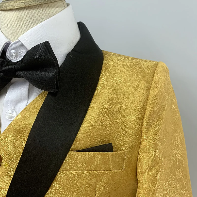 Children Golden Jacket Vest Pants Bowtie 4 P Groom Suit Boys Formal Wedding Photograph Dress Children Evening Dinner Blazer Wear