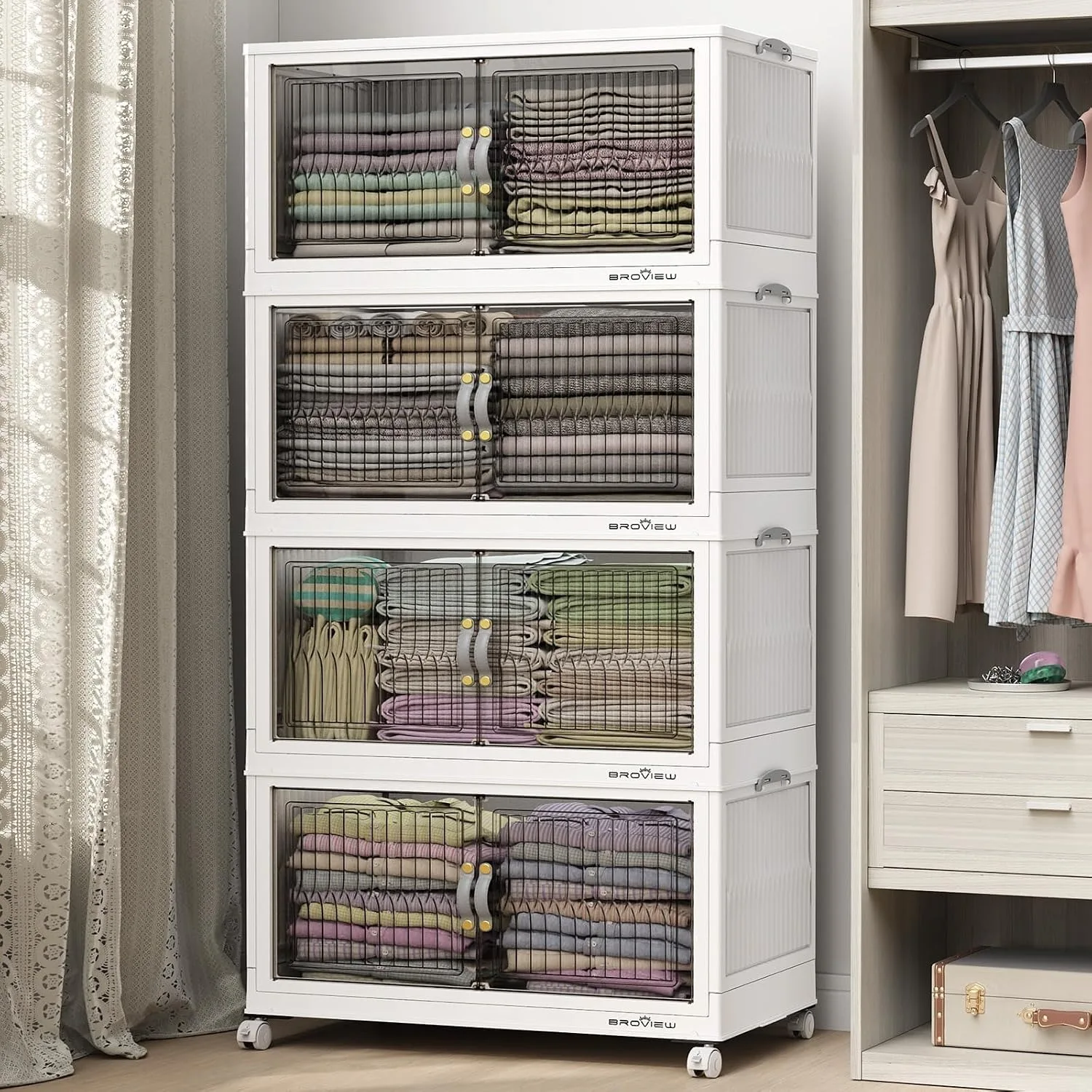 480Qt Stackable Storage Bins with Lid for Home Dorm, 4Pack White | Closet Organizers, Foldable & Collapsible Cabinets, Large Containers, Wheels & Magnetic Doors, Plastic Drawers for School
