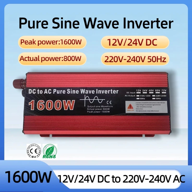 800W Continuous 1600W Peak Pure Sine Wave Inverter DC12V/24V to AC220V/240V 50Hz Car Solar Power Converter