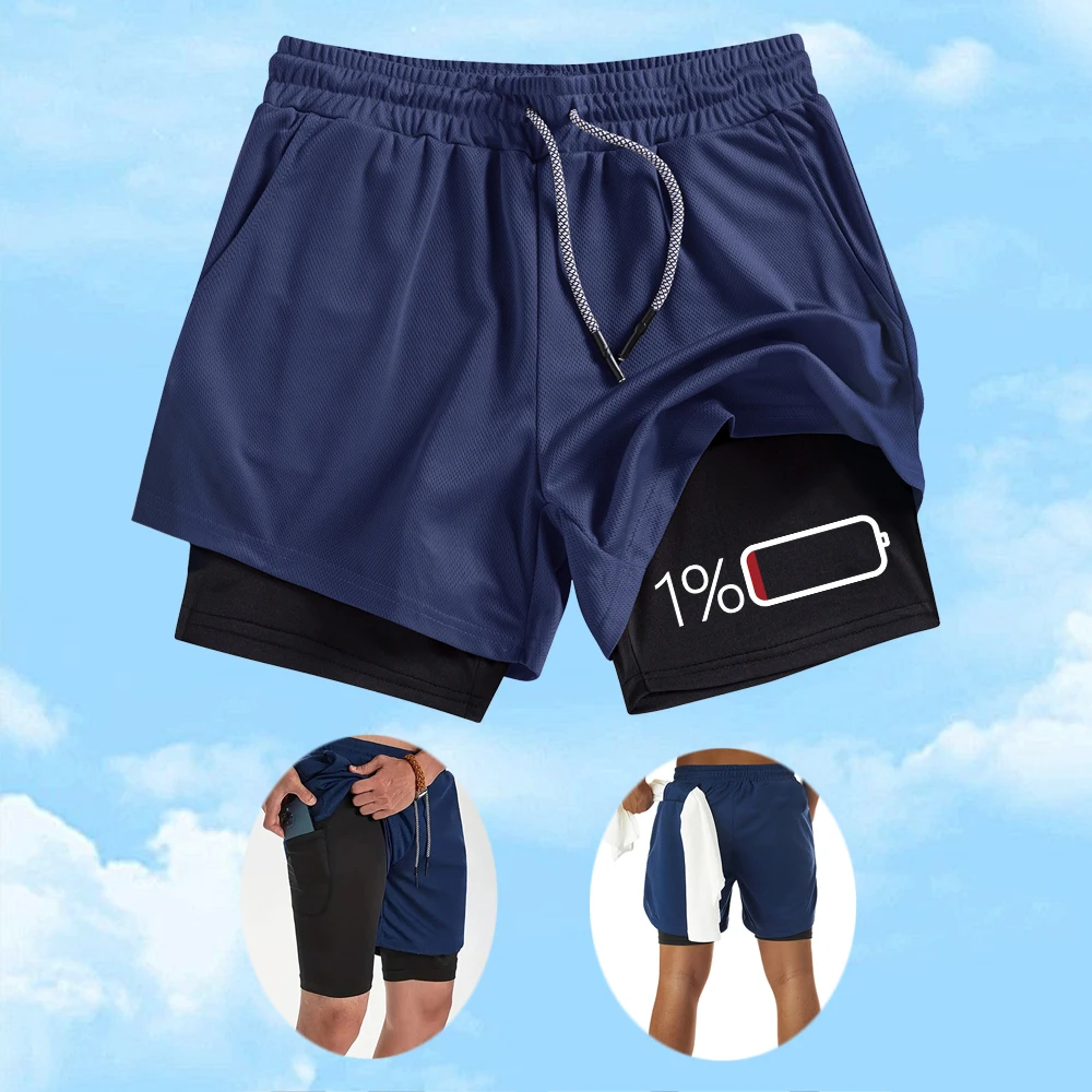 

Men's Low Battery Printed 2 In 1 Sports Shorts Quick Drying Breathable Elastic Double Layer Beachwear For Swimming And Surfing