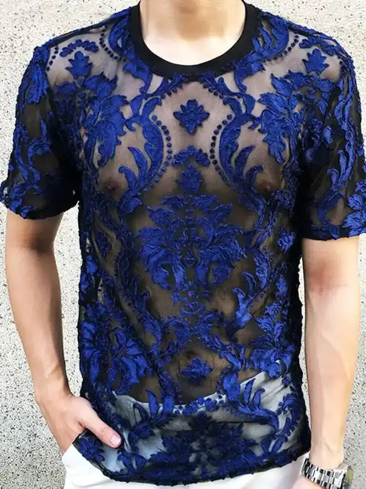 Sexy T-Shirt Met Ronde Hals Zacht Fluwelen Slanke Herenkleding Nachtclub Met Korte Mouwen, Transparant Bloemenshirt Van Topkwaliteit Doorschijnend - afbeelding 2