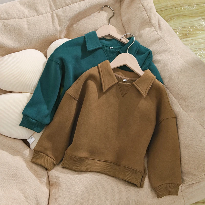 Kinder kleidung Jungen und Mädchen Baumwolle Plüsch warme Sweatshirts Herbst Winter neue Kinder Revers lässig lose Langarm pullover – Detail 7