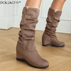 2025 New Autumn Winter Mid Calf Boots Fashion Flock Retro Lace Pleated Boots Female Casual Wedges Knight Boots Botas De Mujer