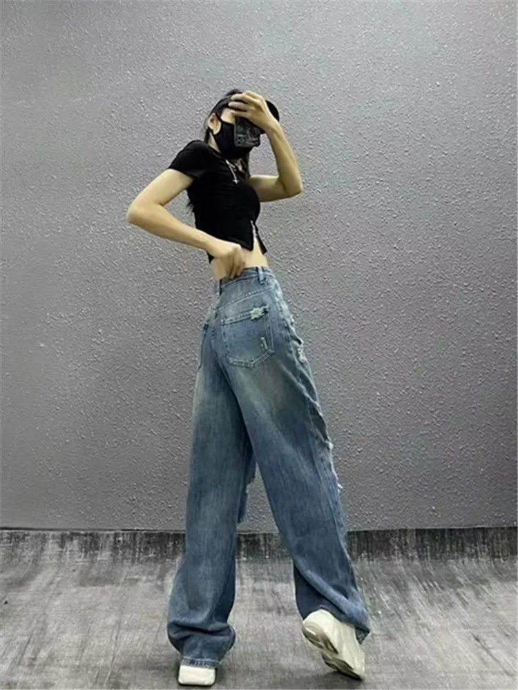 Women Blue Ripped Jeans Harajuku Y2k Aesthetic Baggy Denim Trousers Japanese 2000s Style Punk Jean Pants Vintage Hole Pantalones