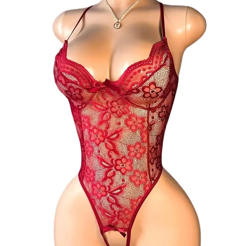 Crotchless Sexy Women Lace Lingerie Erotic Bodysuit Transparent Porn Deep V Teddy Doll Backless Bow Corset Pajama Sex Underwear