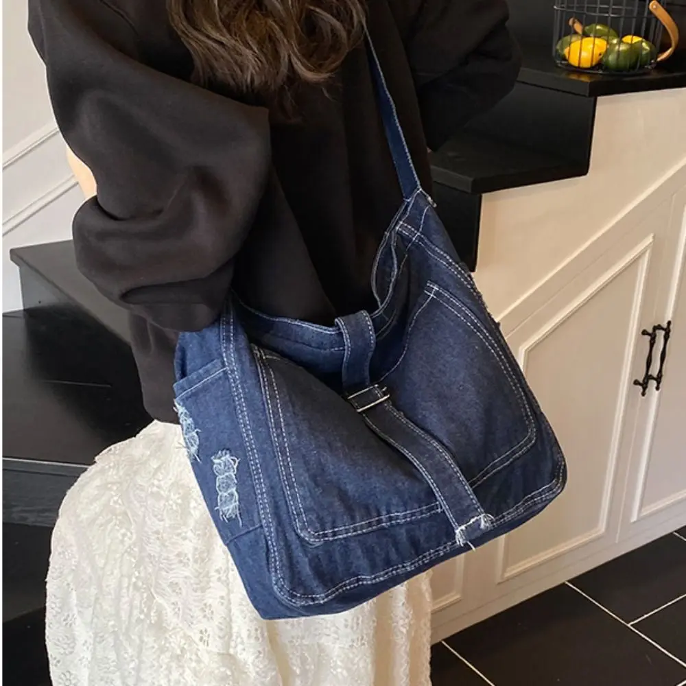 

Shoulder Bag Denim Canvas Bag Buckle Strap Street Style Vintage Handbag Large Capacity Crossbody Bag Simple Tote Bag Outdoor
