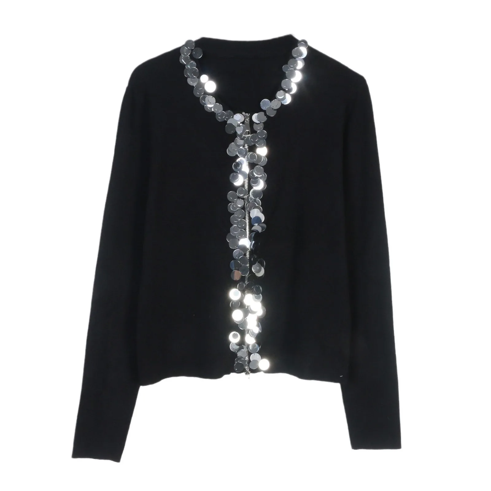 

Faionable Heavy-Light Sequin Slim Fit round Ne Knitted Open Cardigan Women's Top Ele Sle Autumn Winter New Arrival