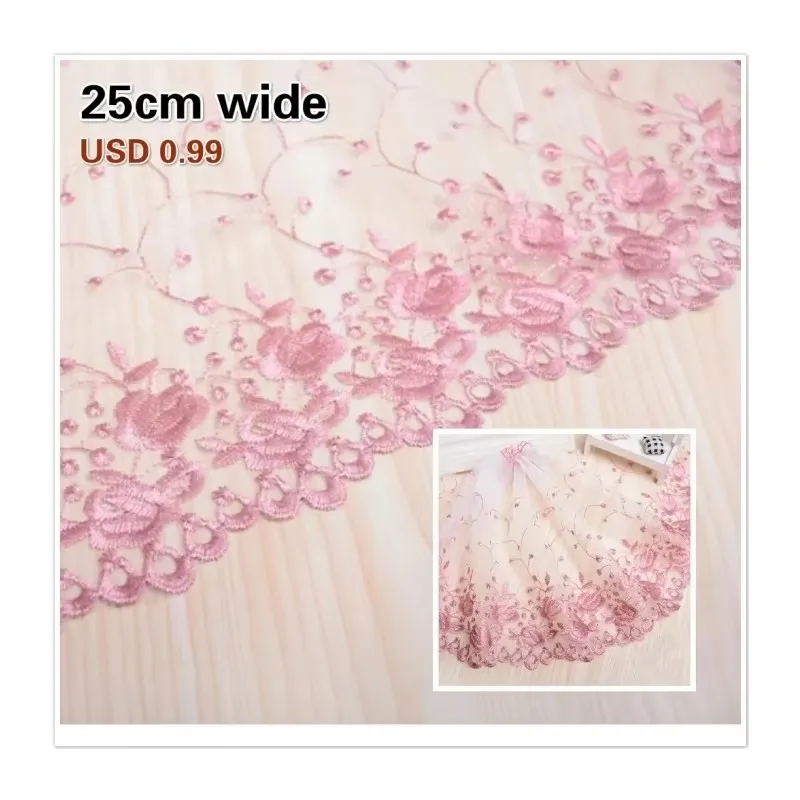 White Mesh Gauze Pink Embroidery Exquisite Lace DIY Ladies Wedding Children Clothing Fabric Cradle Home Textile Sofa Trim Renda