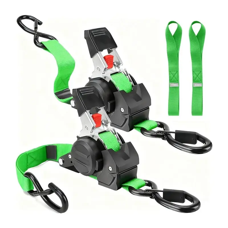 A98M Easy Retract Retractable Ratchet Straps 2Packs, Self-Retracting Cargo Securing For Motorcycle, Truck 10Ft