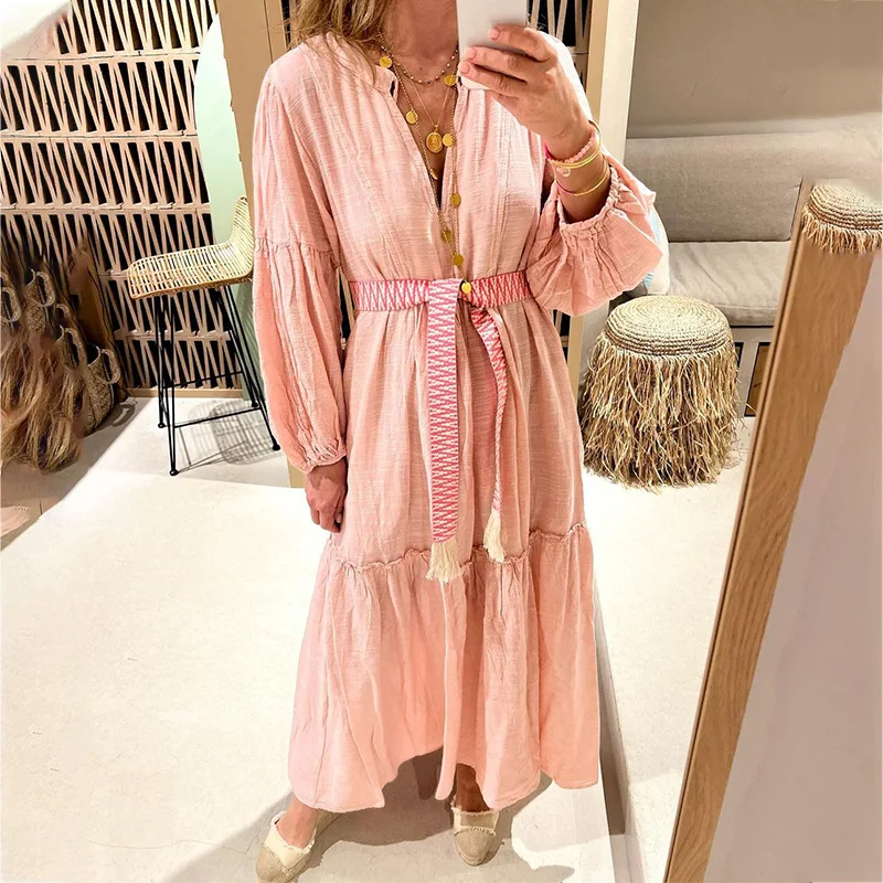 Puff Sleeve Casual Ladies V-Neck Long Linen Dress Fashion Solid Color Loose Autumn A-line Long Sleeve Beach Sundress