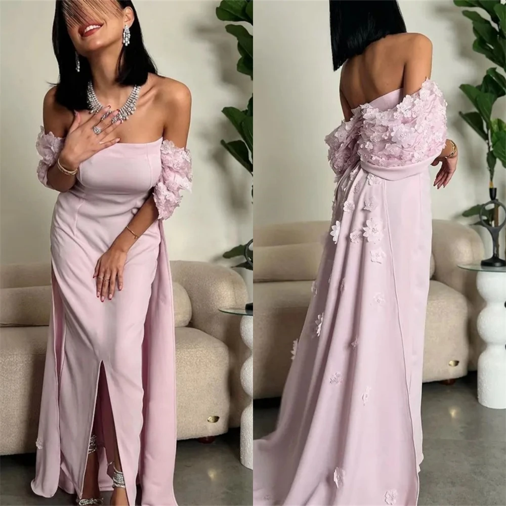 

Customized Saudi Arabia Formal Evening Gown Strapless Column Floor Length 3D Flower Vertically Skirts Bespoke Occasion Dresses P