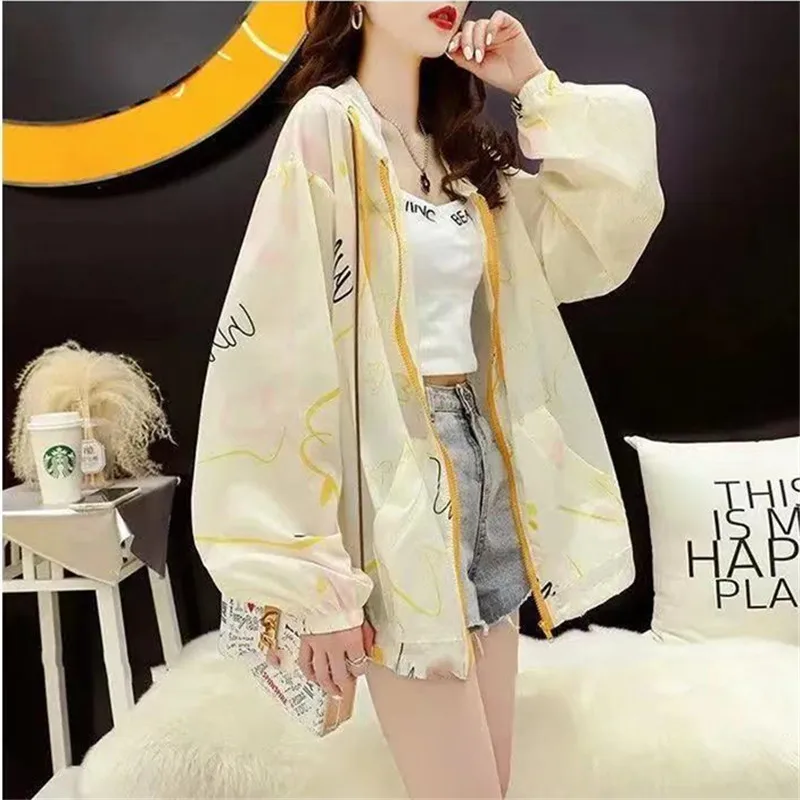 Fashion Print Ijs Zijde Zonbescherming Kleding Vrouwen Zomer Capuchon Lange Mouw Jasje Sjaal Anti-Uv Wilde Ademende Jas H2250