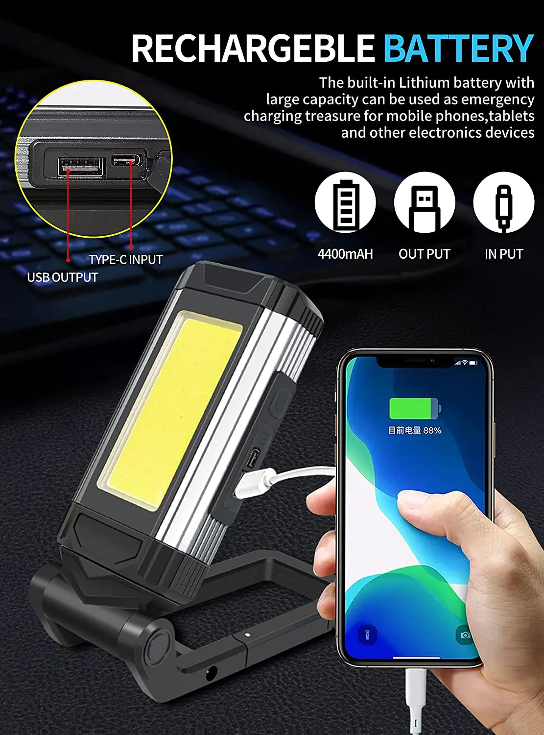 LED Rechargeable Work Light 4400mAh Magnetic Portable Work Lights with Stand 7 Lighting Modes Handled Lamp For Car Repair Garage