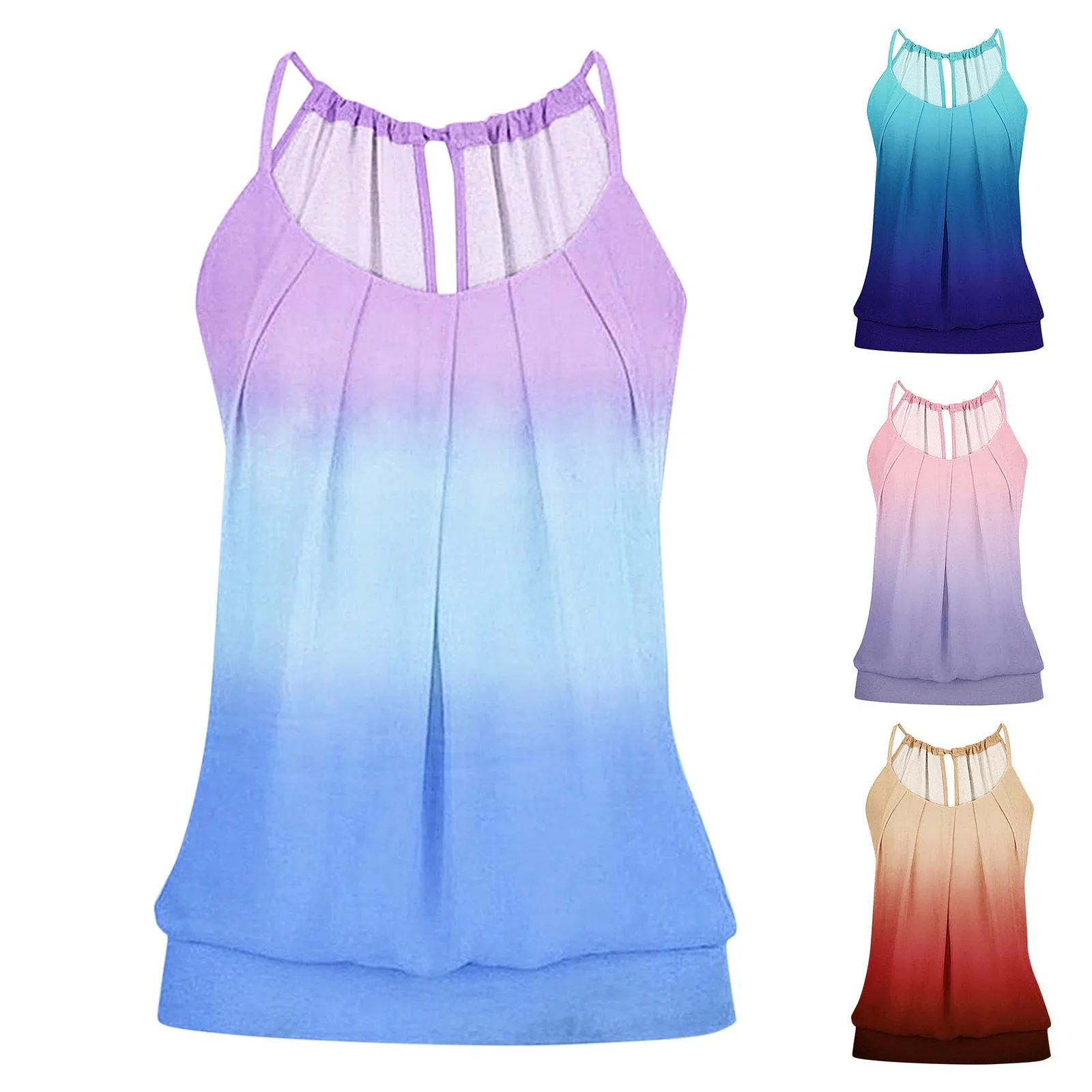 Tank Blouses For Women Sleeveless Tank Tops Back Hem Wrinkle Round Neck Loose Vests Gradient Color Printing T Shirts Tops