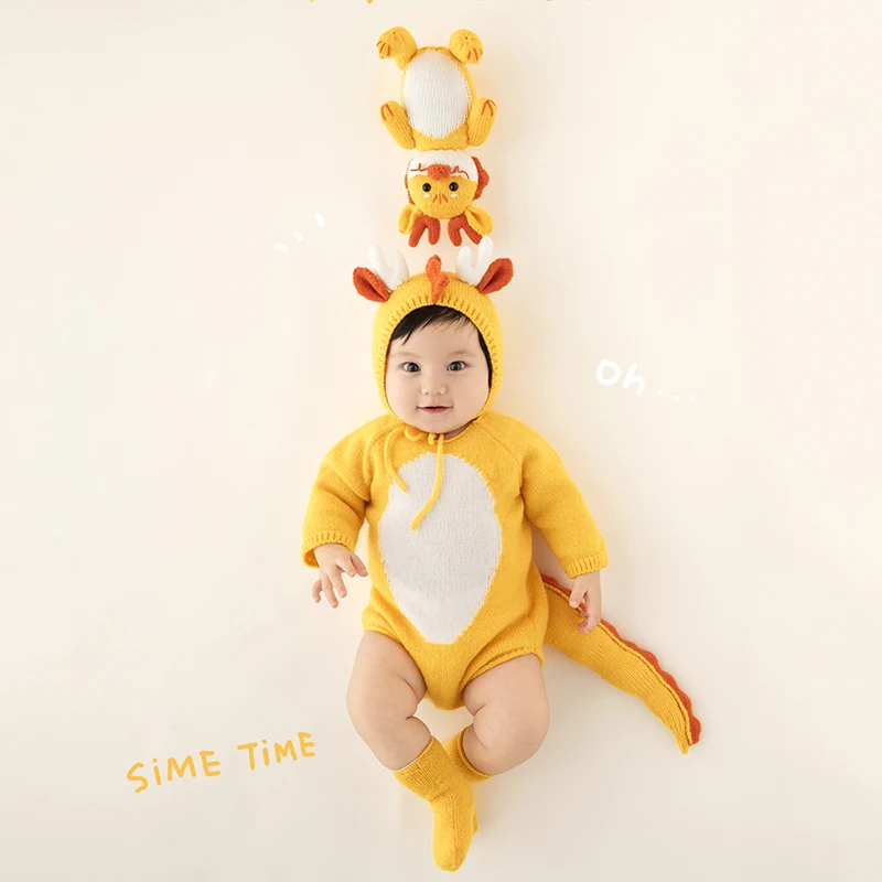 Cute Knitted Dragon Outfit,Newborn Photography Baby Costome,Sunflower Pillow Photo,For Infant Studio Shoot Prop Pose Accessories