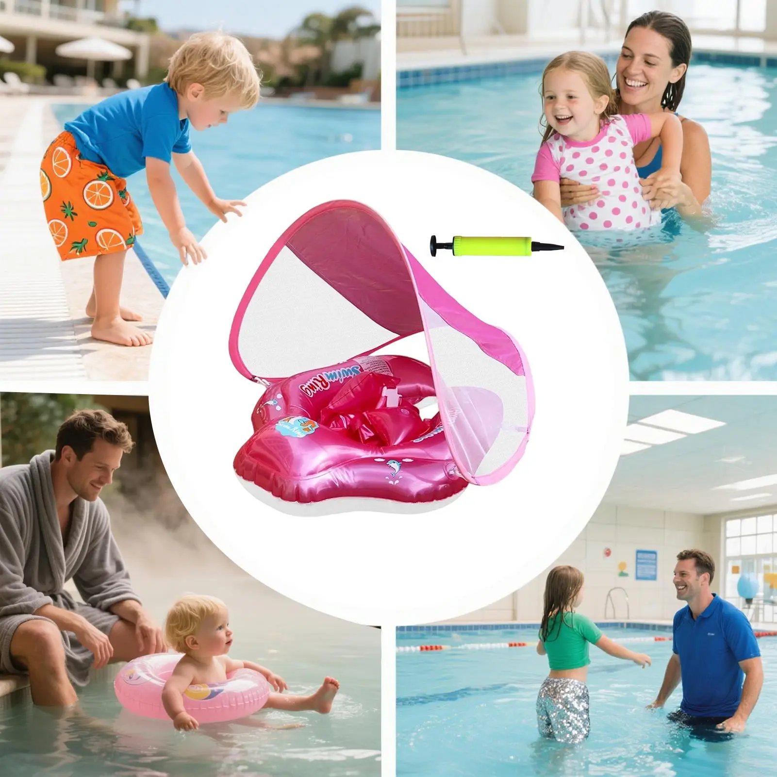 Baby Float With Canopy Inflatable Swim Float พร้อม Sun Protection ความปลอดภัยที่นั่ง Inflatable ของเล่นเกม Anti Slip สําหรับเด็กวัยหัดเดิน 3-36