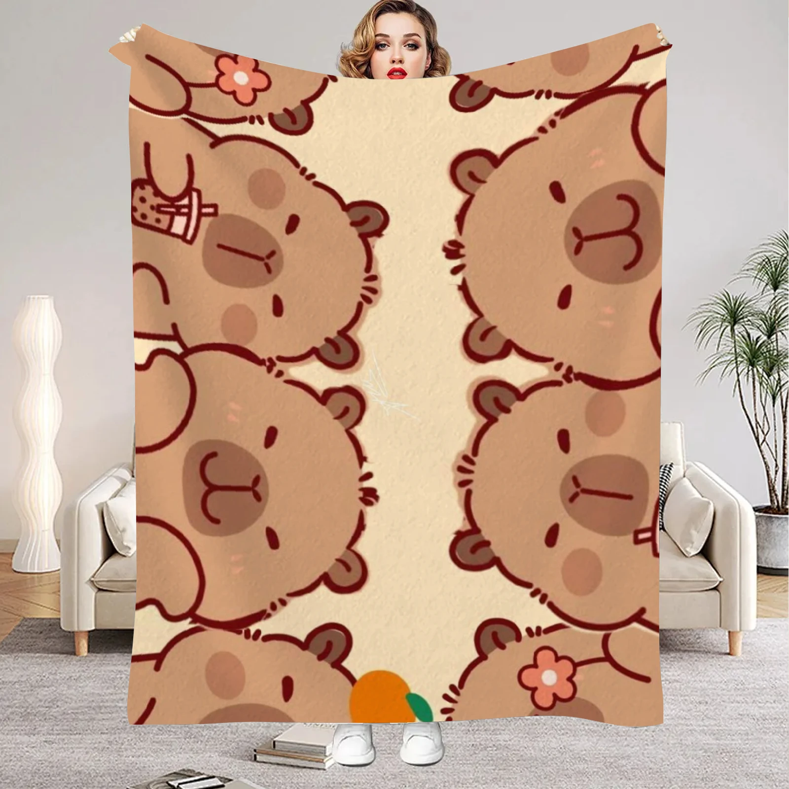 1Pc Digital Printed Capybara Style Flannel Blanket Mattress Cover Blanket for Family Beds,Sofas,Offices,Outdoor Camping