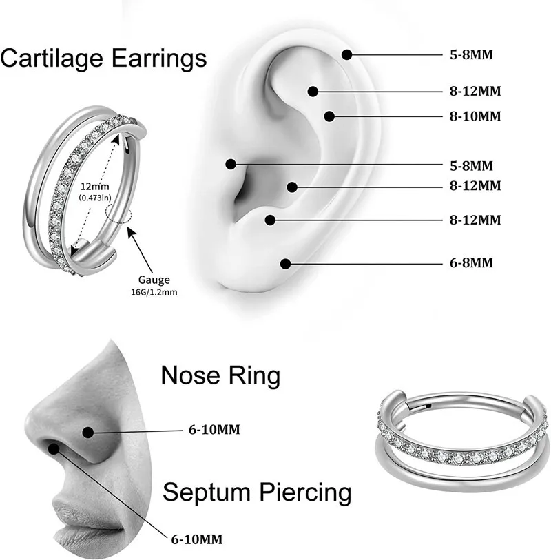 1PC G23 Titanium Piercing Jewelry Clicker Nose Ring Double Layered CZ Implant Grade Hinged Daith Earrings Cartilage Helix Conch