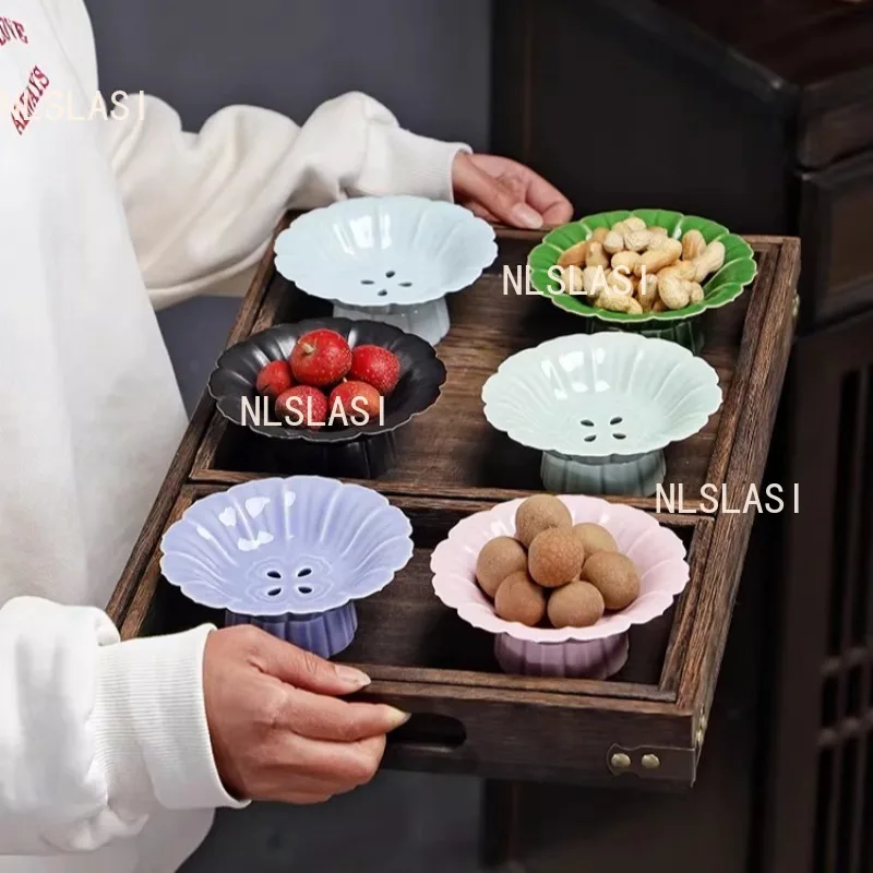 

1 шт. Декоративная тарелка для фруктов с дренажем, высокая тарелка для десертов, китайская керамическая тарелка для димсамов, тарелка для свадебного декора, посуда для сервировки стола