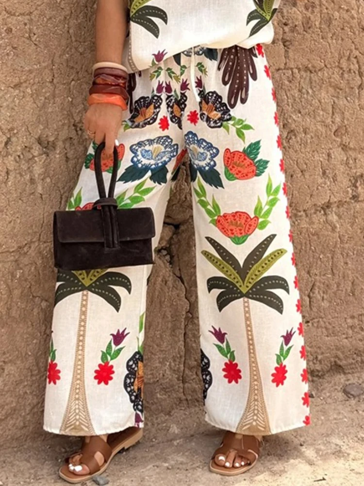Beautyblue, pantalones de pierna ancha de cintura alta de lino y algodón para mujer, pantalones largos bohemios, pantalones informales sueltos con cordón en la cintura, moda nueva Vintage