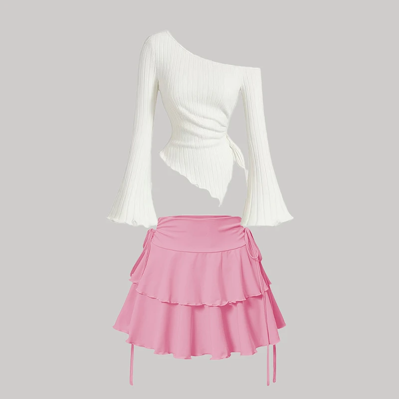 T-shirt+Skirt New Solid Color Set Trendy Slim Fit Elegant Flared Sleeve Top With Fake Drawstring A-line MiNi Super Short Skirt