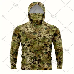 Army Green Camo Colorful Hoodie with Face Mask UV 50+Gaiter Fishing Clothing Men's Long sleeved Breathable Quick Drying T-shirt