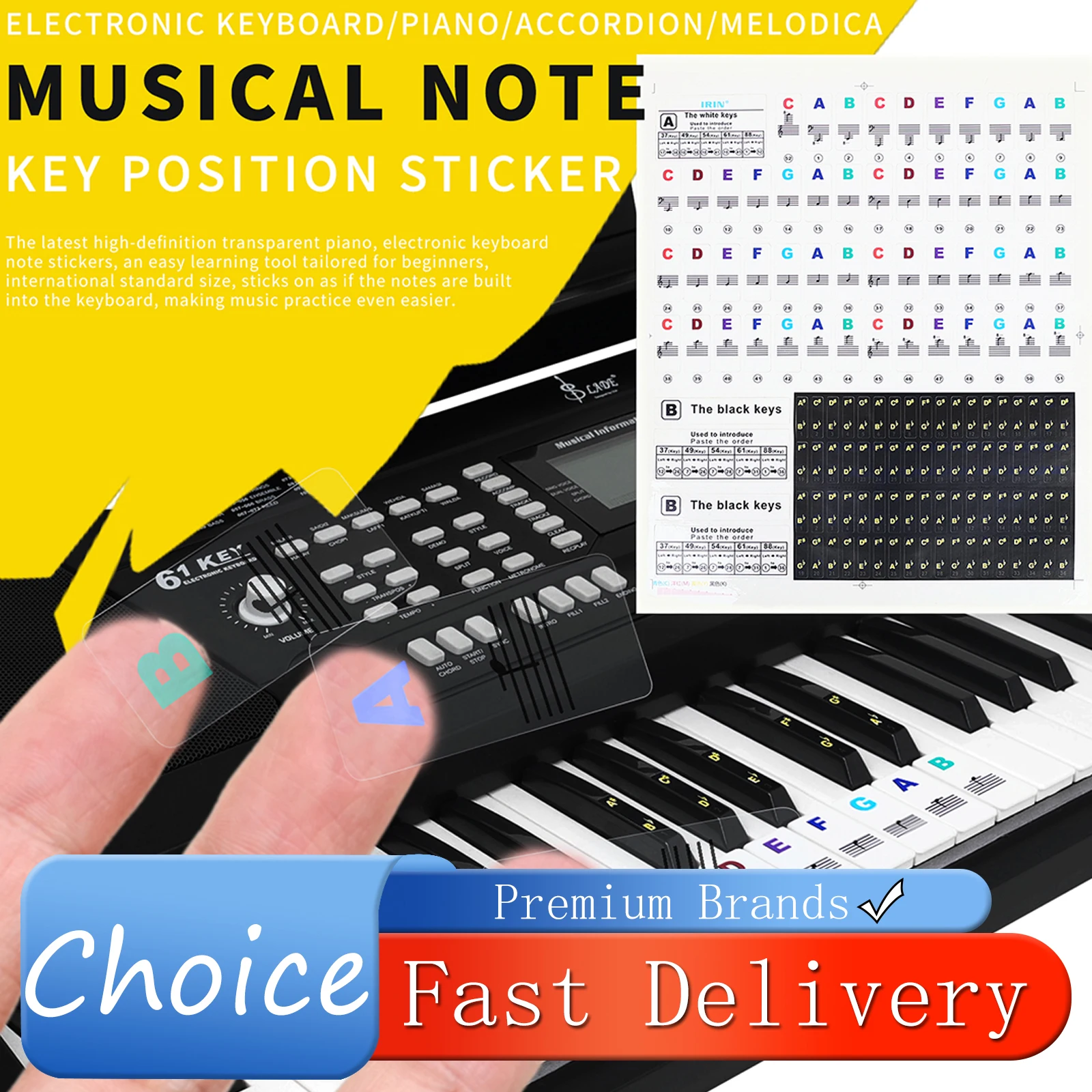 IRIN Transparent Piano Keyboard Note Stickers Removable Key Labels for 37/49/54/61/88 Keys Piano Electronic Keyboard Melodica