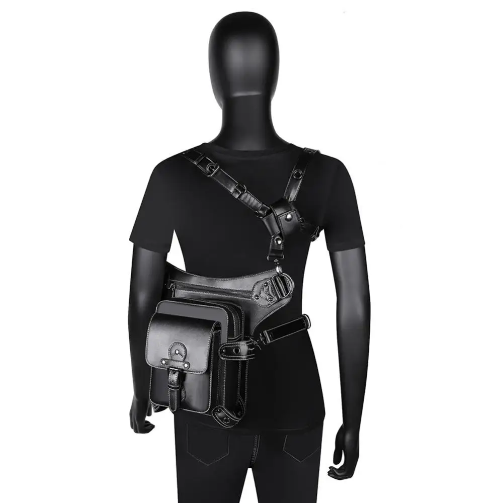 Steampunk Gothic Convertible Waist Pack Y2K Retro Motorcycle Hip Bag Adjustable Strap Waterproof PU Leather Outdoor Riding Pouch