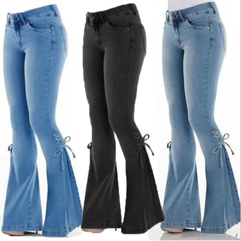 

Women's Mid-Waist Belted Stretchy Denim Jeans Flared Pants Elastic Bell Bot Bla Long Trousers Faionable Ladies Jeans