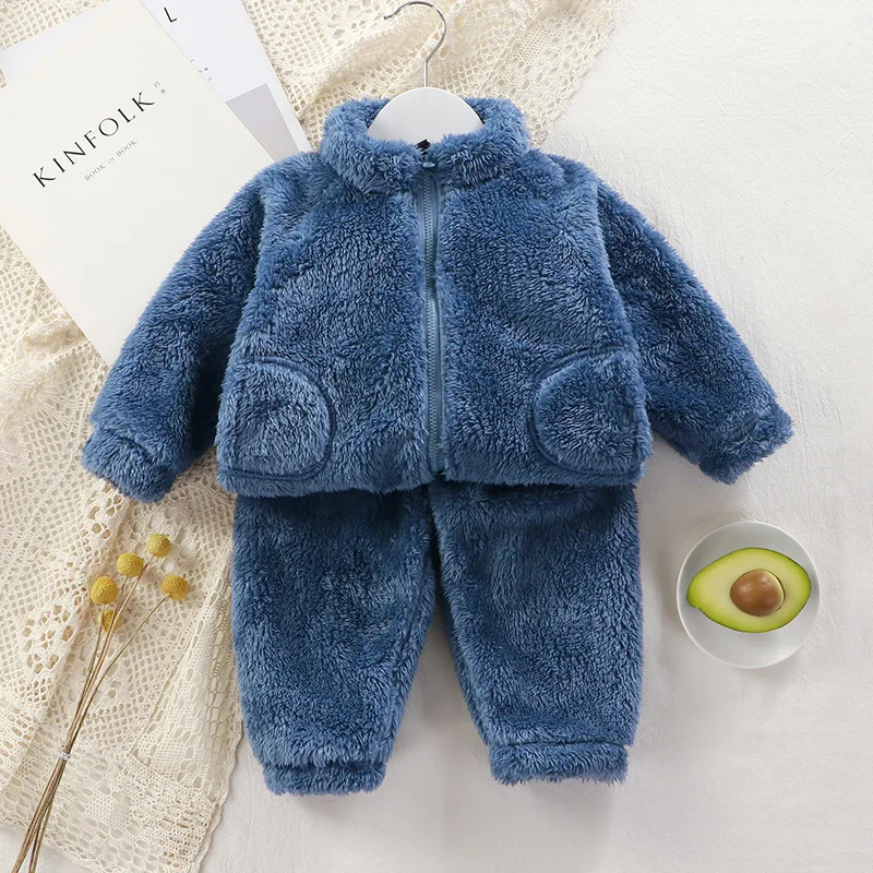 Children’s Winter Set Toddler Baby Autumn Outfit Plush Warm Clothing Solid Color Fashion Home Wear Zipper Two-piece Set Kid Suit