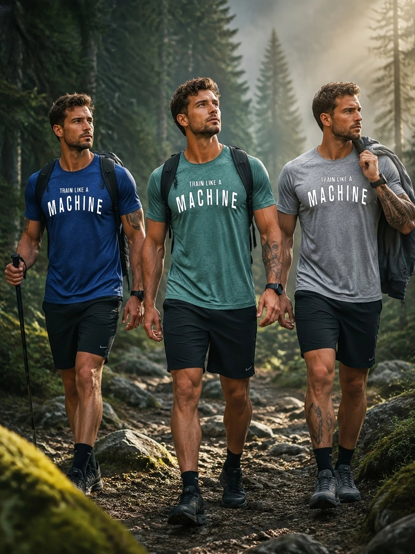 3pcs 'Like a Machine Training' Printed Men's Round-neck Fitness Stretch T-Shirt - Lightweight, Quick-drying Sports Wear