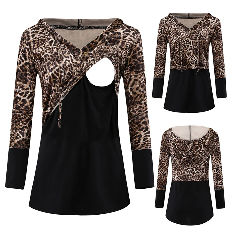 Abbigliamento per allattamento al seno donna Casual manica lunga stampa leopardata cuciture Top premaman maglietta Grossesse lattancia Manga Larga