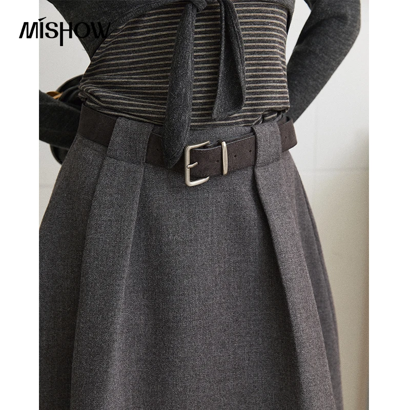 MISHOW Women's Grey Thin Woolen Midi Skirt 2026 Autumn Elastic Waist Pleated Skirts Casual A‑Line Skirt with Belt MXF45B2594