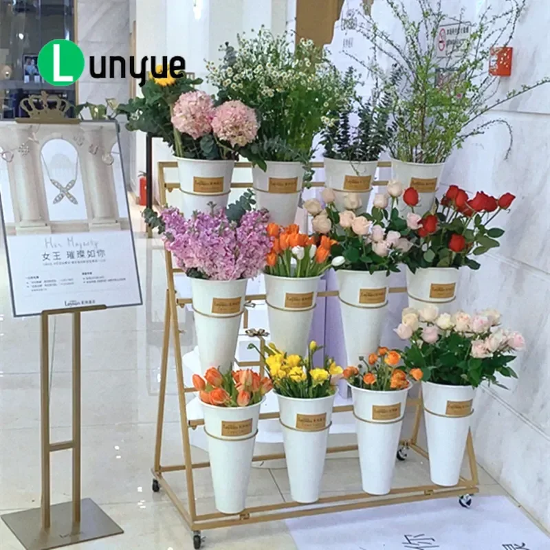 Flower Display Rack with Universal Wheels Stepped Storage Shelf for Flower Shop Wedding Birthday Decoration Stall Organizer