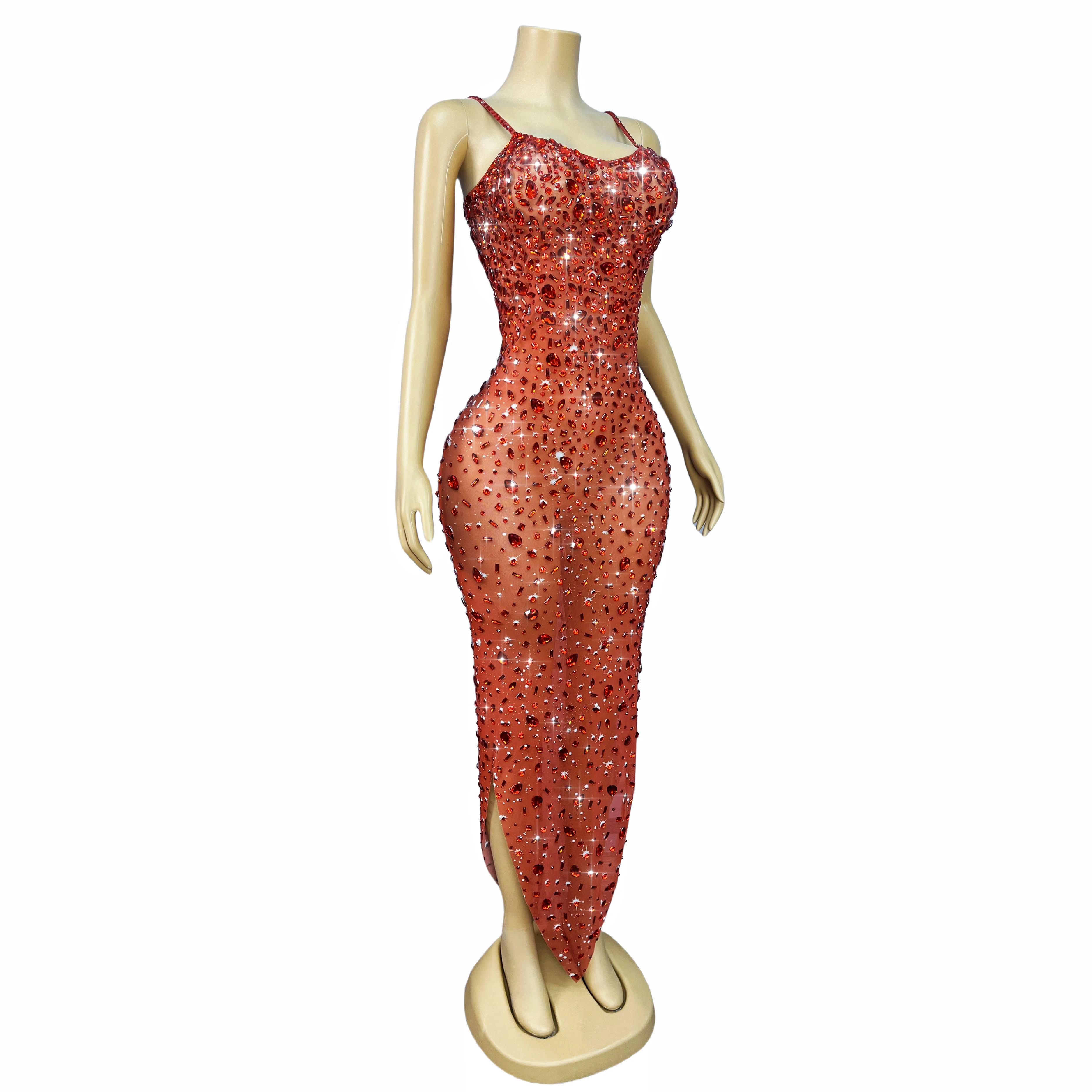 Abito da palcoscenico alla moda da donna Strass scintillanti Bretelle in rete Abito da sera Abito da festa Tappeto rosso Spettacolo Costume Xingshanshan