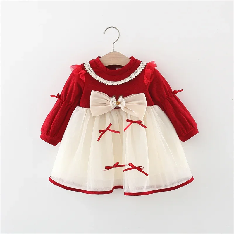 

Baby Girl Long Sleeve Mesh Dress Lace Bow Cute Party Children Clothing Fashion Korean Style Toddler Kids Costume Autumn Spring