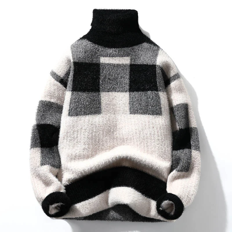 

Мужской черно-белый вязаный свитер в клетку с высоким воротником, мягкий флисовый, с длинными рукавами, повседневный, теплый, удобный пуловер