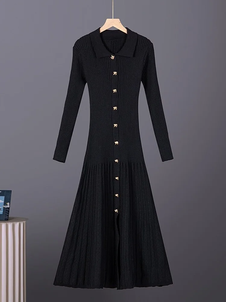Turn Down Knit Maxi Long Sleeve Polo Collar Single Breasted Knitted Dress Autumn Winter Button Front Slim Fit Flared Hem