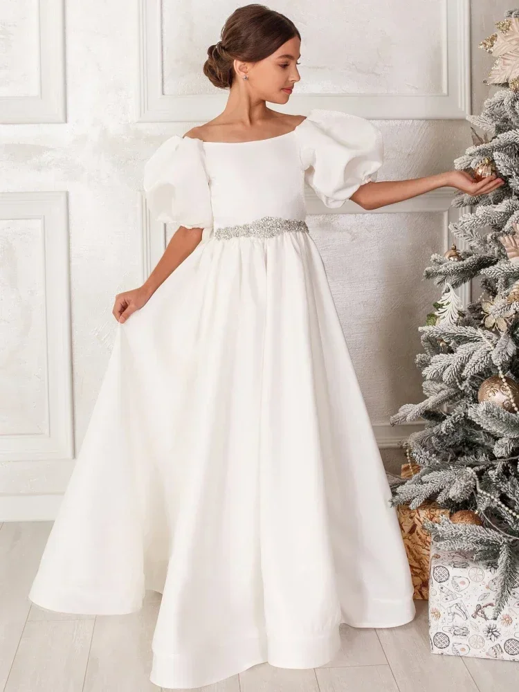 Cinturón de diamantes de satén blanco con lazo, mangas cortas para boda, desfile, fiesta, vestidos de princesa, vestidos de niña de flores, vestido de princesa