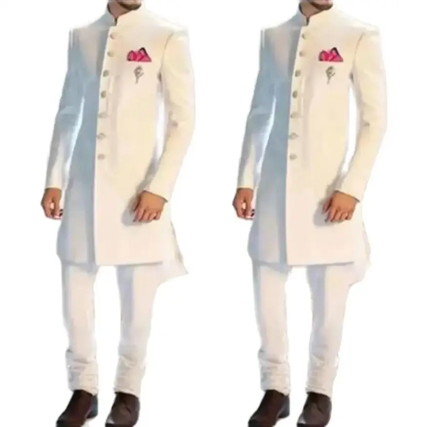 New Classic White Men Suit Long Blazer Single Breasted Indian Design Tuxedo Groom Suits for Men Slim Wedding Formal Wear 2 Piece