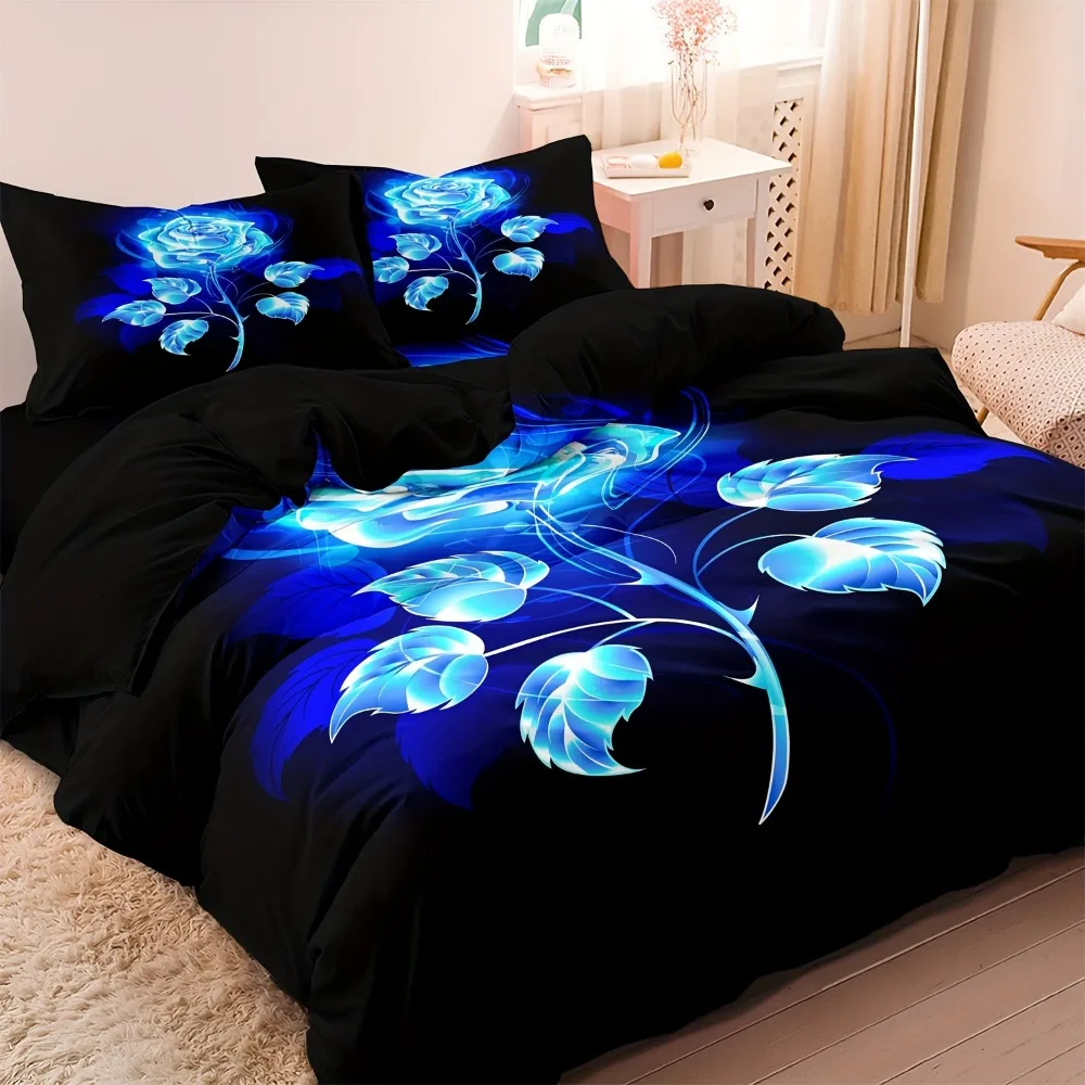 

3pcs Black Bedding Set Blue Rose Printed Cozy Duvet Cover Set King Queen Twin Single Size Birthday Gift Adult Bedroom Decoration