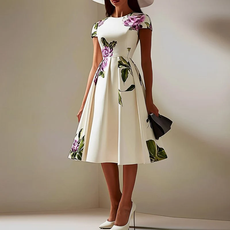 Women's 2025 New Evening Midi Dresses Summer Elegant Flower Print Pleated High Waisted A-line Birthday Party Dresses for Woman