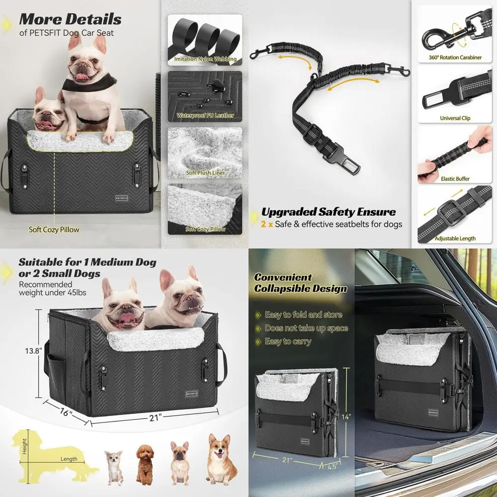 

Medium Waterproof PU Leather Car Seat for Dogs with Safety Buckles and Leashes, Fits 2 Small Dogs (Black)